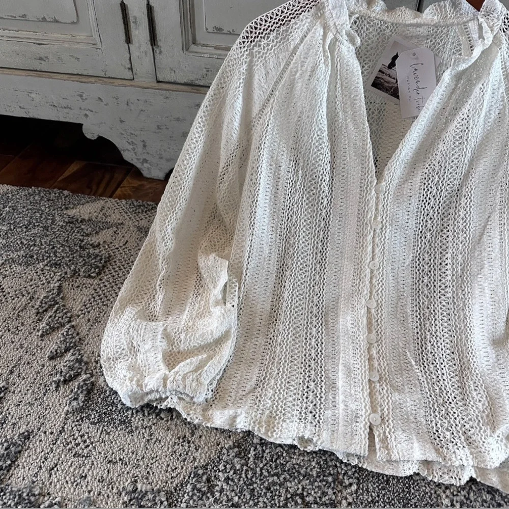 New Bohemian White Lace Long Sleeve V-Neck Button Front Blouse Top - Picture 7 of 11